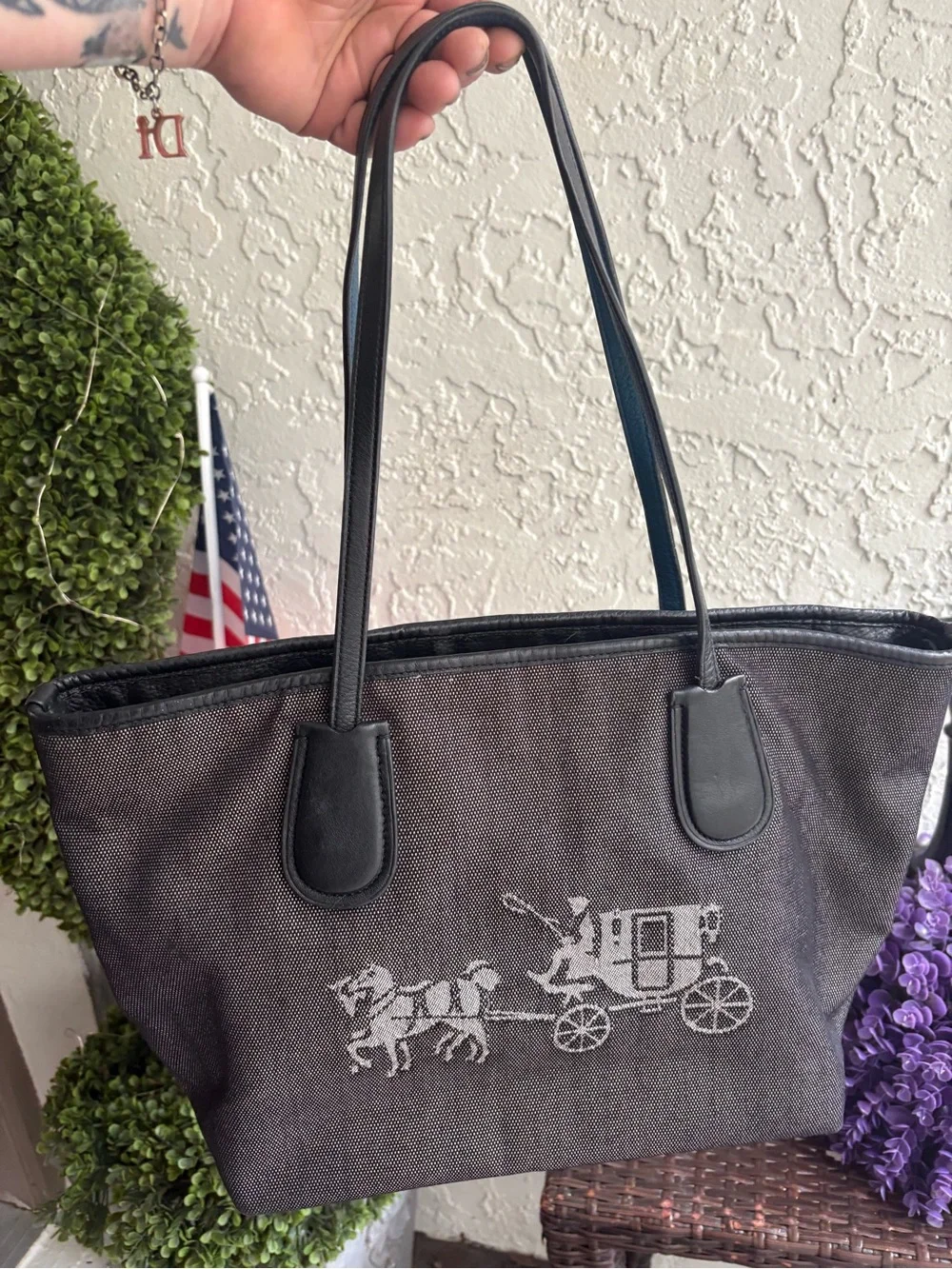 Coach Charcoal Gray and Black Horse & Carriage Tote with cobalt blue interior